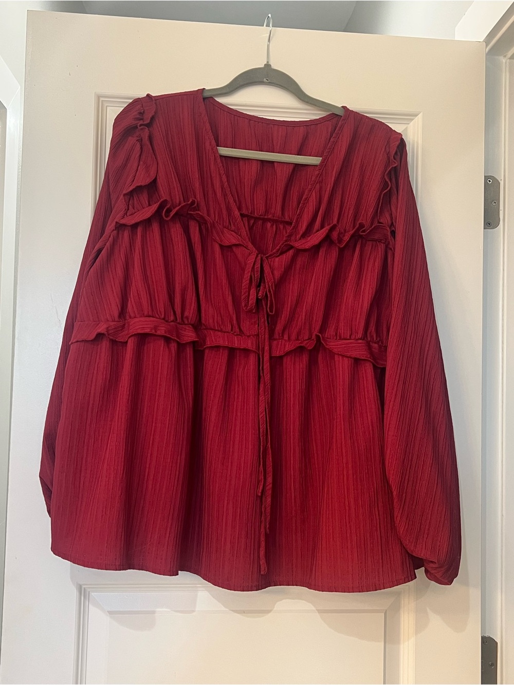 SHEIN Curve 1XL Burgundy Ruffle Tie Front Long Sleeve Blouse
